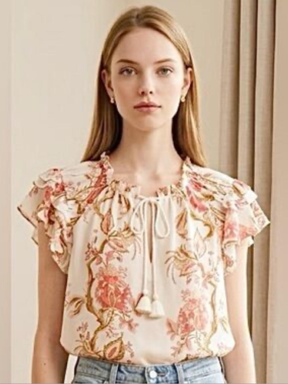 Rose & Olive boho cream Floral Ruffle Sleeve Top - Pink & Tan Print Sm